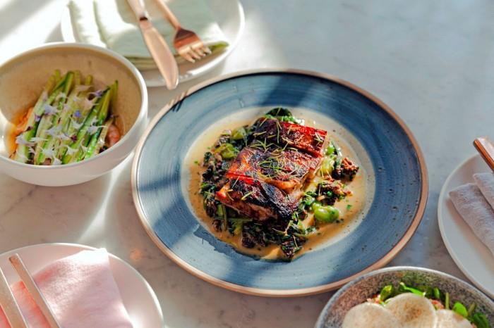 Lamb belly with morels and fava beans at Grey Gardens